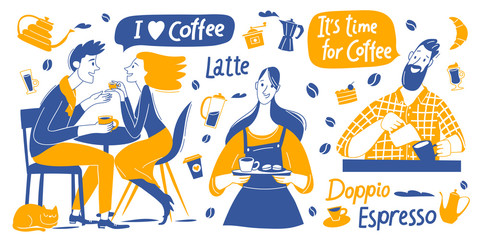 Coffee motivational vector design with barista and coffee elements and lettering