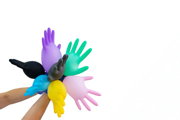 multi-colored medical gloves isolated. Sterile equipment for the medical and beauty industries. Copy space