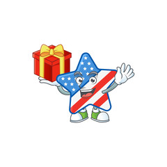 cartoon character of USA star with a box of gift