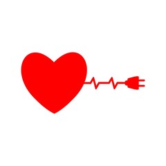 Red Heart with electric plug icon isolated on white background