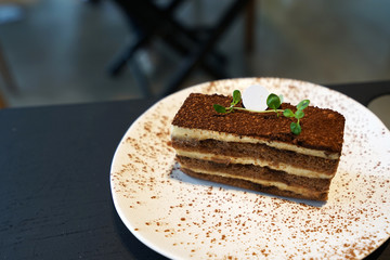 Close up dish of Tiramisu -Italian dessert made of Mascarpone custard layered with whipped cream ,rum and coffee soaked ladyfingers