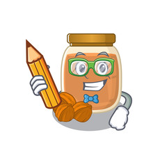A smart Student walnut butter character holding pencil