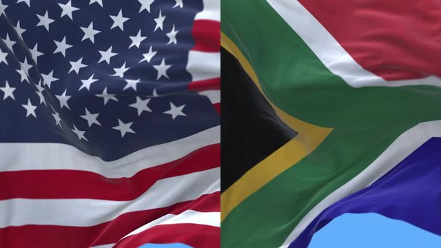 4k seamless United States of America USA and South Africa National flag slow waving with visible wrinkles-digital rendering-animation loop-flag 3D animation blue sky background.