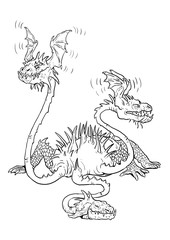 Three headed dragon coloring page. Outline illustration. Dragon drawing coloring sheet.