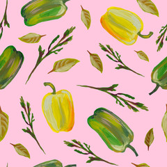 Bulgarian yellow and green peppers, arugula, herbs, spices. manual illustration in gouache. Juicy colored vegetables. Design for wallpaper, fabric, textile, print, packaging, wallpaper, background.