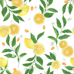 Watercolor painting seamless pattern with citrus flowers, leaves and fruits: lemon, lime on orange background.