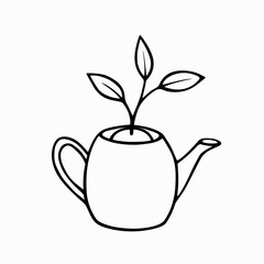 Young shoot with three leaves in a teapot with soil. The concept of awakening, the birth of a new life. Hand-drawn sprout doodle line art. Stock vector illustration isolated on transparent background.
