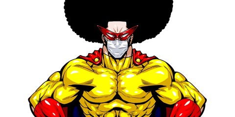 医療用マスクを付けたマッチョなヒーロー