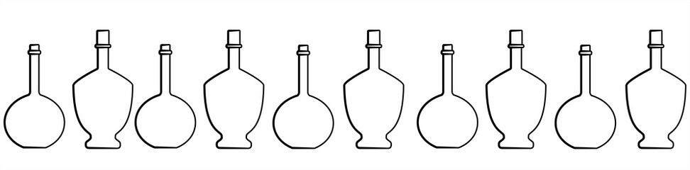 Seamless Pattern Of Bottles Of Different Shapes With A Narrow Neck. Glass Bottles For Various Drinks; Different Liquids. Vector Image Isolated On A White Background.