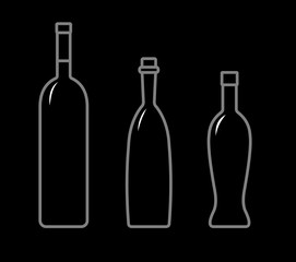 Set Of Bottles Of Different Shapes With A Narrow Neck. Glass Bottles For Various Drinks; Different Liquids. Vector Image On A Black Background.