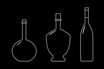 Set Of Bottles Of Different Shapes With A Narrow Neck. Glass Bottles For Various Drinks; Different Liquids. Vector Image On A Black Background.