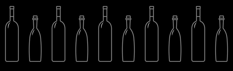 Seamless Pattern Of Bottles Of Different Shapes With A Narrow Neck. Glass Bottles For Various Drinks; Different Liquids. Vector Image On A Black Background.