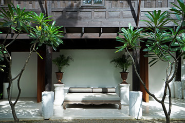 Exterior design and decoration of hallway and corridor at luxury resort hotel and natural residential area decorated with indoor green plants