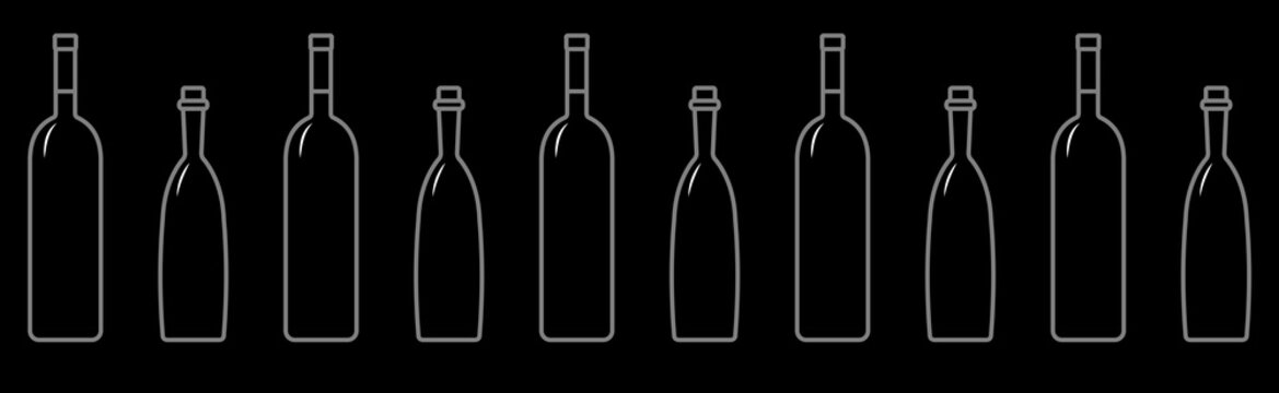 Seamless Pattern Of Bottles Of Different Shapes With A Narrow Neck. Glass Bottles For Various Drinks; Different Liquids. Vector Image On A Black Background.