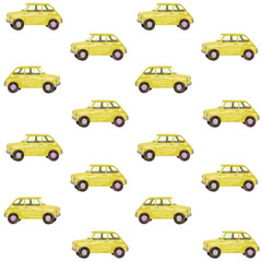 Watercolor hand drawn seamless pattern with retro yellow car isolated on white background. Good for fabric, wallpaper, wrapping paper, design etc.
