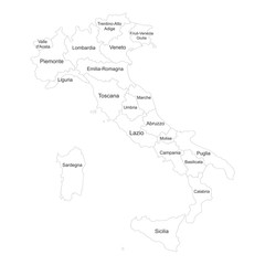 Italy map with name labels. White background. Perfect for business concepts, backgrounds, backdrop, poster, sticker, banner, label, chart and wallpaper.