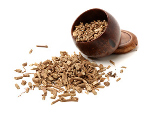 Korean mint herb used in chinese herbal medicine with calligraphy script. Translation reads as Korean mint. Used to help diabetes, anaemia, osteoporosis & allergies. Huo xiang. Agastache rugosa. 