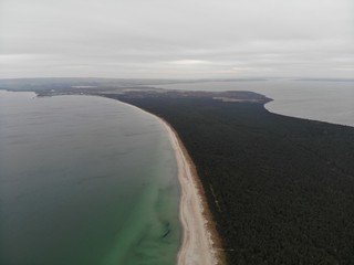 Aerial view of Schaabe spit national park on island Rugia, Glowe, Germany