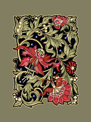 Fantasy flowers in retro, vintage, jacobean embroidery style. Embroidery imitation with beads and sequins. Vector illustration.