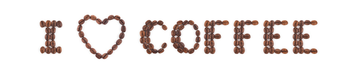 High resolution roasted coffee beans arranged in letters on white background for coffee menus or cafe signs