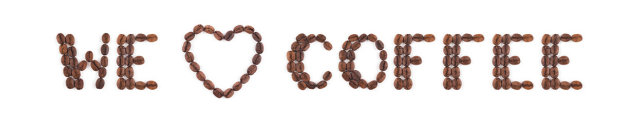 High resolution roasted coffee beans arranged in letters on white background for coffee menus or cafe signs