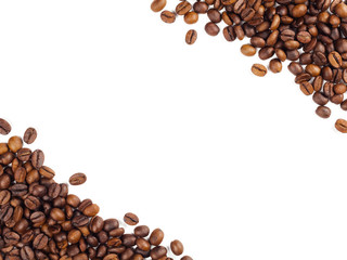 Close-up and top view of roasted Thai coffee beans and empty area for copy space on white background for used as background, backdrop or banner