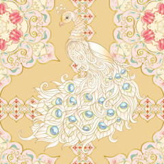 White Peacock bird seamless pattern, background with eastern ethnic motif. Colored vector illustration.