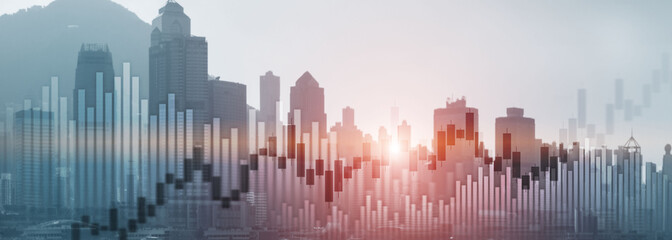 Obraz na płótnie Canvas Trading investment chart graph city skyline view double exposure website panoramic header banner.