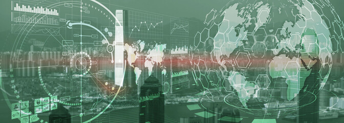 Visual interface char graphics diagrams infographics business intelligence analytics trading investment concept city view website header background.