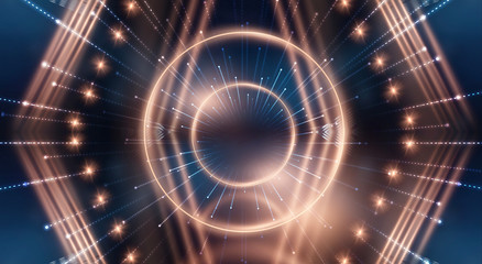 Abstract modern dark background. Dark empty scene with rays and spotlights. Night abstract blue background with golden light. Neon light, reflection.