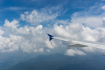 Flying and traveling, view from airplane window on the wing on sunset time 