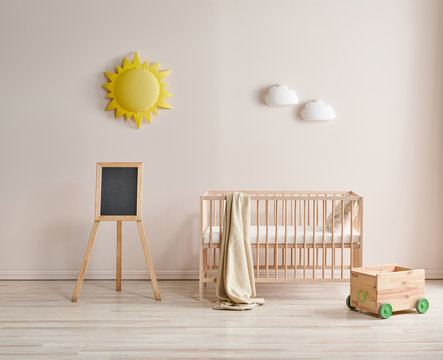 Baby room, bed and wooden crib, interior decor, close up black board style.