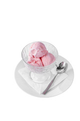 four balls Ice cream dessert, berry, strawberry flavor, isolated on a white background in creamer on a plate with a spoon and a napkin, side view for menu