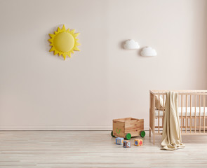 Modern wooden crib and baby room style, pink wall and cabinet decor.