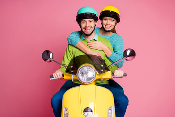Photo of funny lady guy in love sit drive vintage yellow moped hugging visit foreign countries...