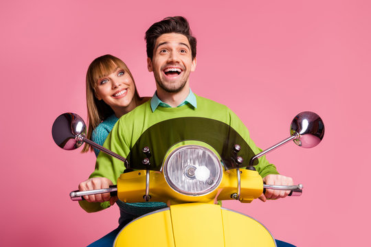 Low Below Angle Photo Of Funny Excited Lady Guy Couple Driving Sit Speed Vintage Yellow Moped Vacation Time Look Distance Wear Casual Jumper Isolated Pink Color Background