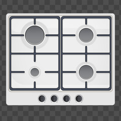 Surface of gas hob. Domestic kitchen equipment. White Color. Above view of stove. Editable Vector illustration Isolated on transparent background.