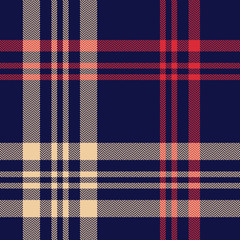 Plaid pattern background. Seamless herringbone tartan check plaid graphic in dark blue, red, and beige for blanket, throw, upholstery, duvet cover, or other modern autumn or winter fabric design.
