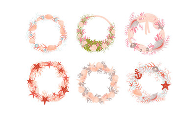 Wall Wreaths with Nautical Theme with Shells and Starfish Vector Set