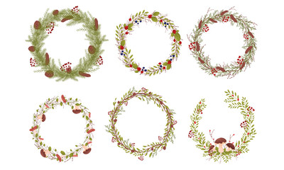 Decorative Wreaths with Branches Entangled with Mushrooms, Berries and Fir Cones Vector Set