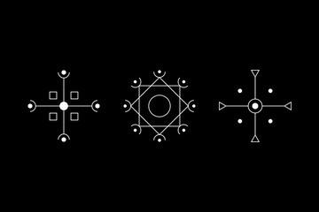 Magic geometry cruciform white symbol set. Circle, square, rhombus with inscribed figures. UFO signs. Design symbols for puzzle, logic, metroidvania games. Vector illustration.