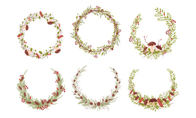 Decorative Wreaths with Branches Entangled with Mushrooms, Berries and Fir Cones Vector Set