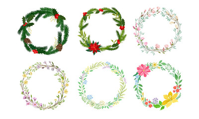 Floral Wreaths with Fir Branches, Green Twigs and Flowers Vector Set