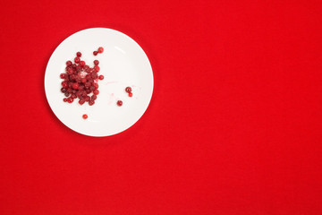 Cranberries on a plate on a red background. Little red berries on a white plate.