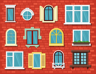 windows. outdoor home exterior objects wooden stylish window frames glasses. vector cartoon collection on brick wall