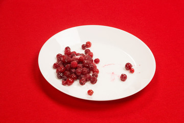 Cranberries on a plate on a red background. Little red berries on a white plate.