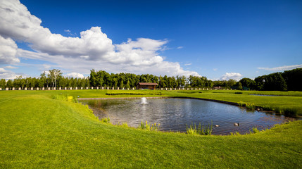 Fototapeta premium Golf Course (field) with beautiful putting green and scenery in Mezhyhirya Park Kyiv, Ukraine
