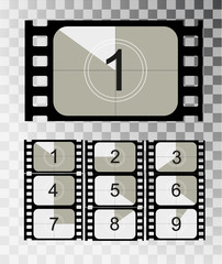 Movie countdown, vintage silent film and blank full frame still photography film realistic thirty five millimeters proportions, set of icons