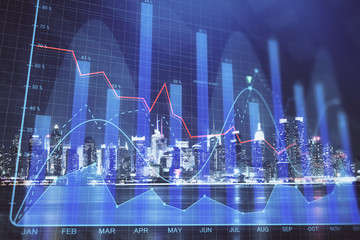 Financial graph on night city scape with tall buildings background multi exposure. Analysis concept.