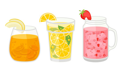 Fresh Cocktails with Ice Cubes and Sliced Fruits and Berries in Glass and Jar Vector Set